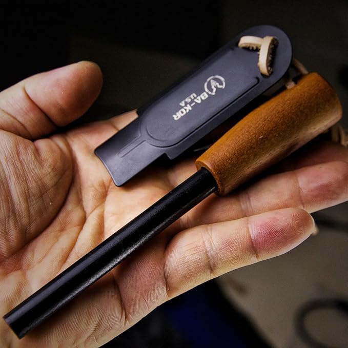 BA-KOR 5.9in Iron Rod Fire Classic Kit - 25,000+ Strike, 5500°F Spark, Waterproof Flint Steel with Wooden Handle and Sheath for Camping, Hiking, and Survival