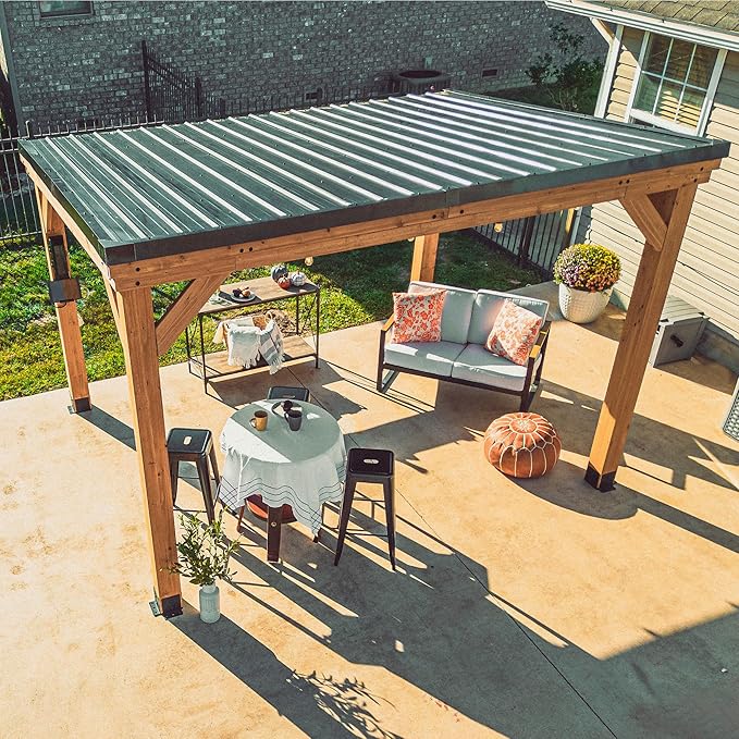 Backyard Discovery Arcadia 12' x 9.5' Cedar Wood Outdoor Gazebo Pavilion with Hardtop Galvanized Steel Slope Roof, Snow Support, Wind Resistance, PowerPort, Shade for Garden, Patio, Deck, Entertaining