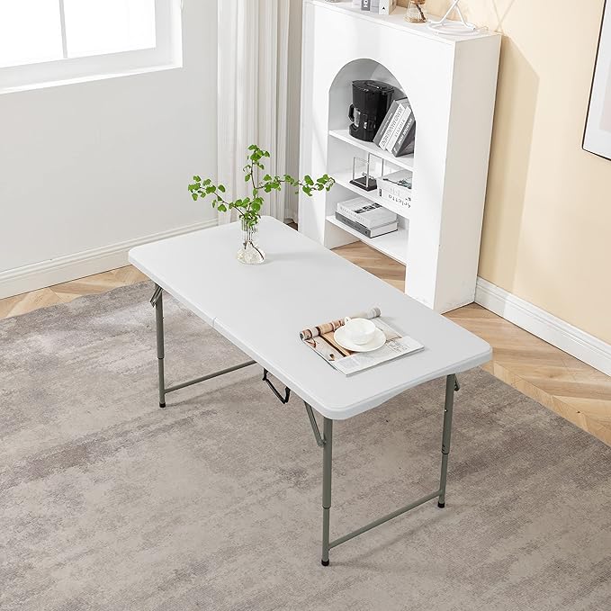 BTEXPERT Fold-in-Half Plastic 4ft Folding Utility Table Lightweight Adjustable Height Portable Carrying Handle Indoor Outdoor for Picnic Camping Office Home Party Wedding Easy to Clean Store White