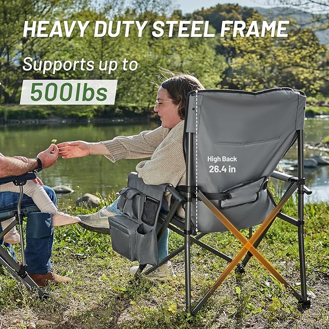 Timber Ridge Oversized Folding Camping Chair with Lumbar Support Adjustable High Back Heavy Duty for Adults Support up to 500lbs with Cup Holder, Cooler Bag, Side Pocket, Grey