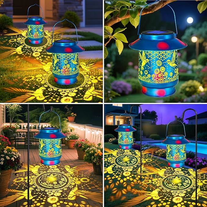 Hummingbird Solar Lanterns Outdoor Waterproof Brim,Garden Decor Birthday Gifts for Women Mom Grandma,Blue Spray Paint Metal Hanging Solar Lights Outside Decorative for Yard Patio Backyard Pathway