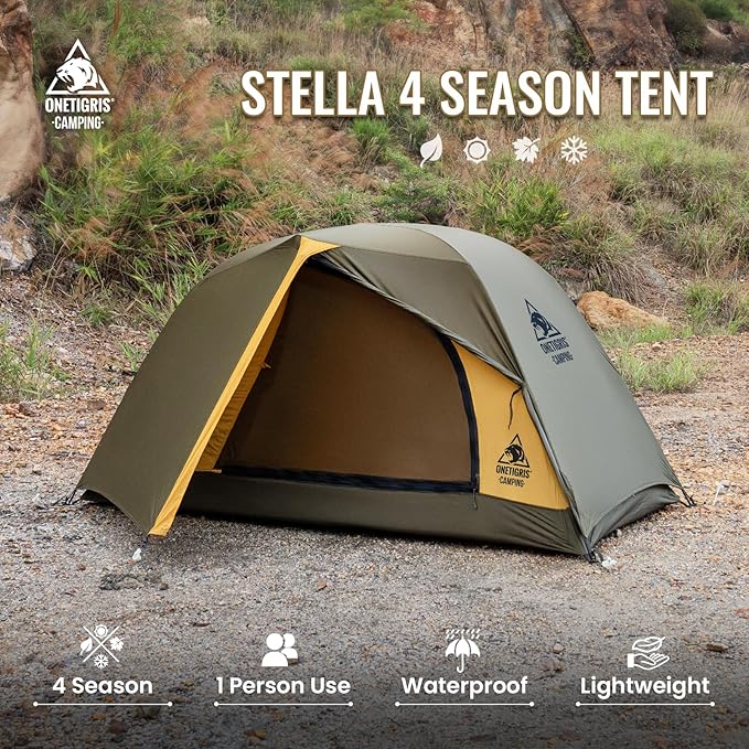 OneTigris Stella 4 Season Camping Tent Backpacking 2 Person Waterproof Lightweight Easy Setup Instant 3000mm Waterproof Rating Outdoor Hiking Tent