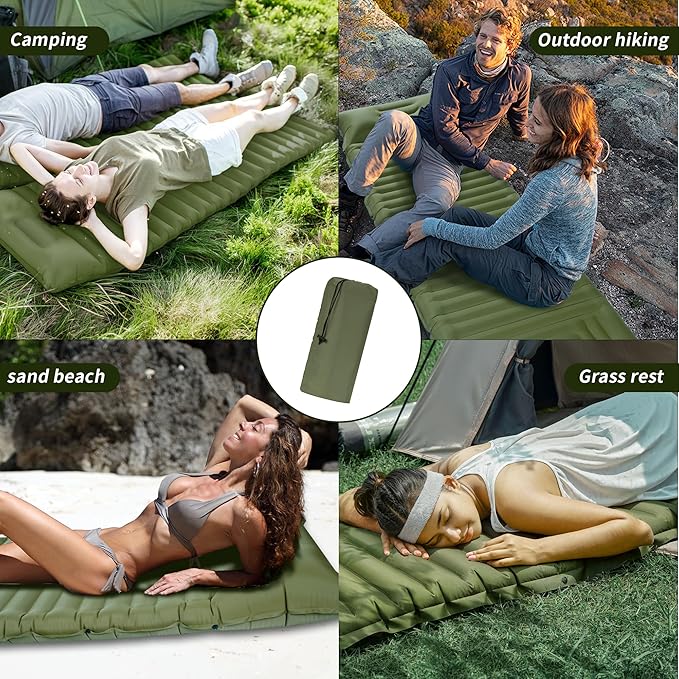 40D Self-Inflating Camping Pad, Insulated Ultralight Sleeping Mat for Backpacking, Winter Camping, 2-Layer Anti-Leak Design w/Built-in Pillow, Foot Pump Foldable Pad, Army Green