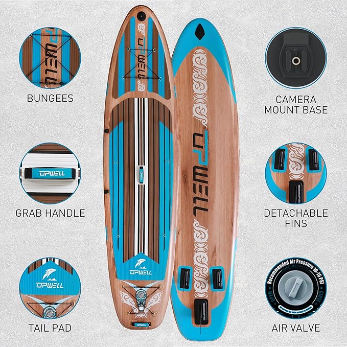 UPWELL 11’6”/11'2”/11'/10'8”/10'6”/10'2” Inflatable Stand Up Paddle Board with sup Accessories Including Backpack, Repairing Kits, Non-Slip Deck, Leash, 3 Fins, Paddle and Hand Pump