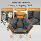 Oversized Padded Comfy Camping Chair for Adults, Portable Padded Lawn Chair, Weight Capacity 400 LBS, Heavy Duty Moon Leisure Folding Chair for Camping, Hiking, Carry Bag, Orange (2 Pack)