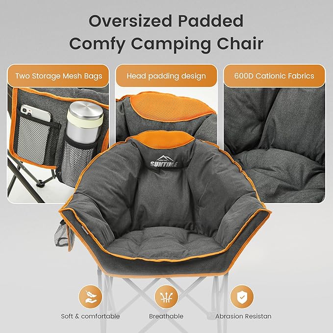 Oversized Padded Comfy Camping Chair for Adults, Portable Padded Lawn Chair, Weight Capacity 400 LBS, Heavy Duty Moon Leisure Folding Chair for Camping, Hiking, Carry Bag, Orange (2 Pack)