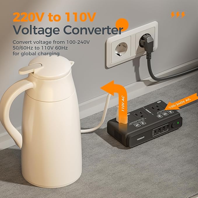 220V to 110V Converter, TESSAN Travel Voltage Converter with 4 USB Ports (1 USB C), 3 AC Outlet and EU UK AU IT Universal Travel Adaptor, Step Down Transformer Power Outlet Adapter Combo Black