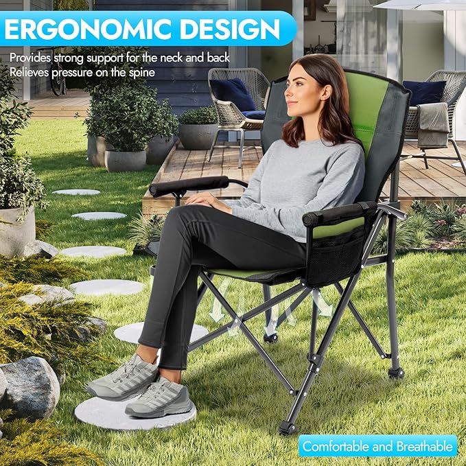 2 Pack Oversized Folding Camping Chair for Adults, Supports 450 LBS Camping Chairs, Heavy Duty Camping Chair with Side Pockets, Foldable Outdoor Chair for Camping, Beach, Fishing, Hiking, Green-Black