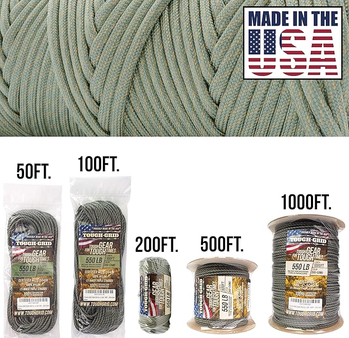 TOUGH-GRID 550 Paracord Rope Nylon Parachute Cord, Made in USA Survival Kit, Outdoor Adventures, Camping, Tactical Gear & Emergency Supplies, Military Type III Mil-Spec