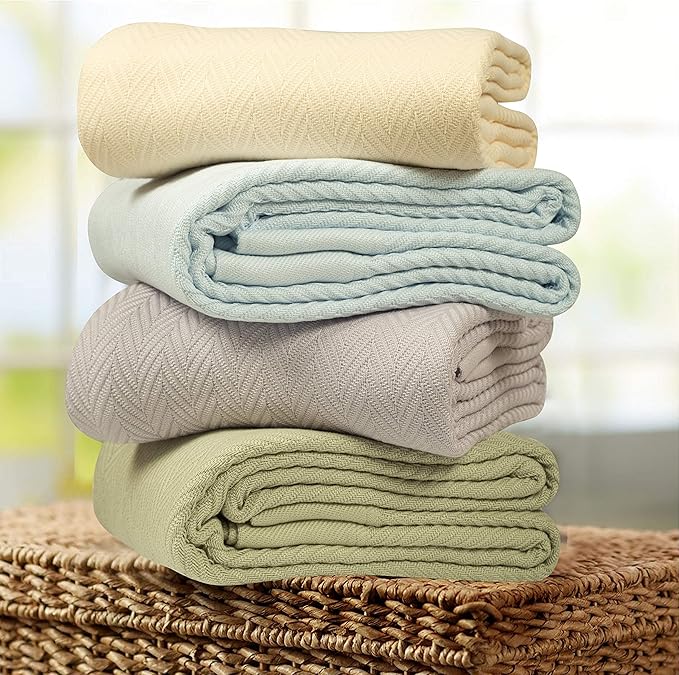 Threadmill Luxury Cotton Blankets for Twin Size Bed | All-Season 100% Cotton Twin Blanket for Bed | Herringbone Soft & Cozy Fall Thermal Blanket, 350GSM, 68x92 inches | Folkstone Blue