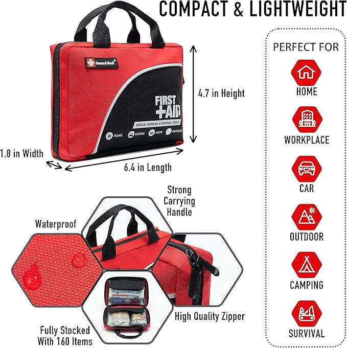 First Aid Kit -160 Pieces Compact and Lightweight - Including Cold (Ice) Pack, Emergency Blanket, Moleskin Pad,Perfect for Travel, Home, Office, Car, Camping, Workplace (Red)