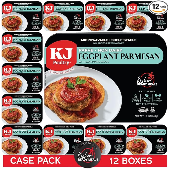 KJ Poultry Kosher Parve Ready Meals - Eggplant Parmesan, MRE Meals Ready to Eat, Halal, (12 Pack) Prepared Entree Fully Cooked, Shelf Stable Microwave Dinner Travel, Military, Camping, Emergency