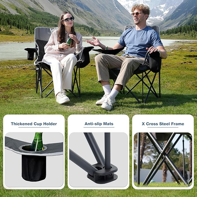 Oversized Folding Camping Chair, Heavy Duty Support 500LBS Outdoor Chair with Cup Holder Storage and Cooler Pouch, Collapsible Padded Arm Chair for Sports Garden Beach Fishing, Black