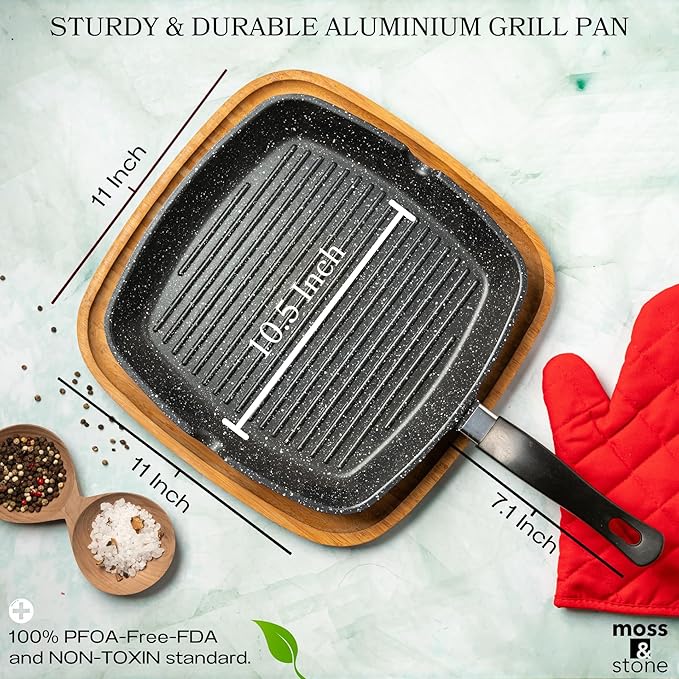 Moss & Stone Aluminum Nonstick Grill Pan for Stove Tops, Versatile Griddle Skillet with Pour Spouts, 11 Inch Square Grill Pan Big Cooking Surface, Durable Skillet For Indoor Cooking & Outdoor Grilling