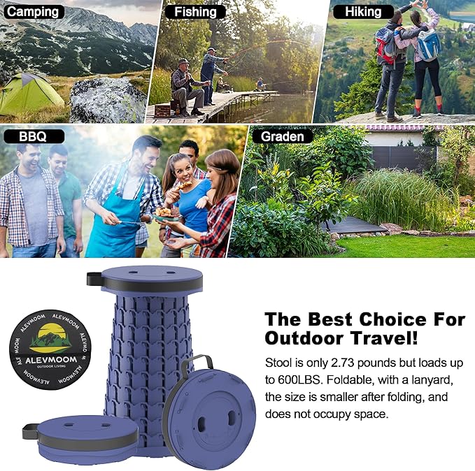 ALEVMOOM Upgraded Portable Collapsible Stool with Cushion, Telescoping Folding Stool for Adults, Lightweight Yet More Sturdy Capacity 600 lbs for Camping Fishing Hiking BBQ