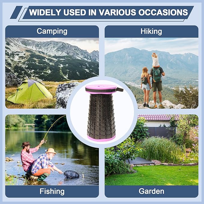 ALEVMOOM 2025 Upgraded XXL 19.7" Collapsible Stool with Cushion, 1000lbs Max Weight Heavy Duty Portable Telescoping Stool, Retractable Seat Folding Chair for Camping Fishing Hiking(Purple-XXL)