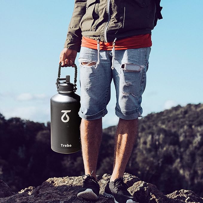 Trebo One Gallon Water Bottle Insulated with Paracord Handle,128oz Large Vacuum Double Wall Stainless Steel Insulated Jug with Straw Spout Handle Lids, Leakproof Keep Cold & Hot,Black