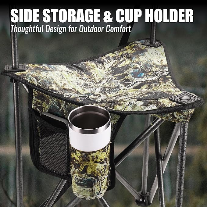 FLISSA Tripod Hunting Chair with Backrest, Portable Hunting Stool Supports 250 LBS, Foldable Camo Seat with Carry Strap for Hunting, Hiking, Fishing and Camping