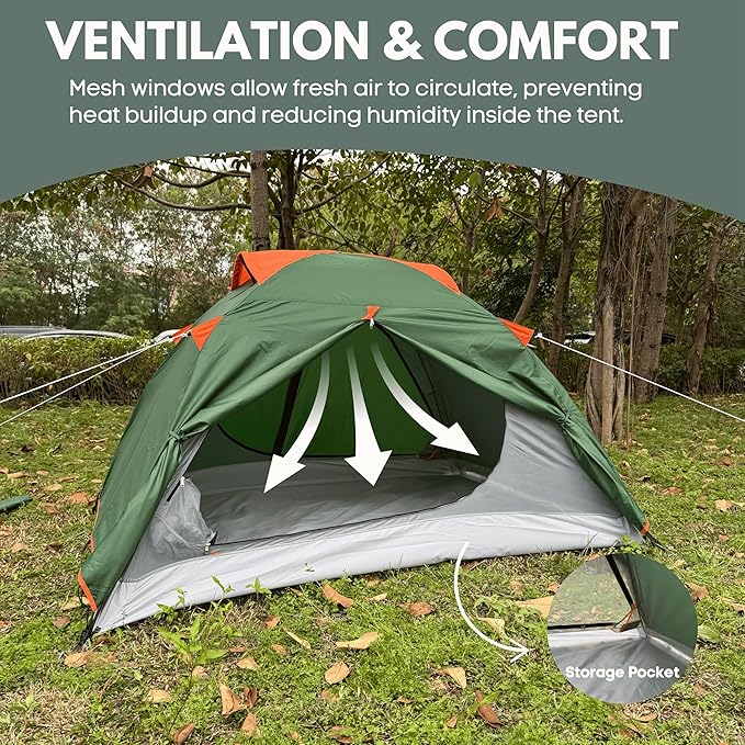 2 Person Tents for Camping, Camping Tent Double Layer Lightweight Waterproof Tent, Windproof with 10 Pegs & 2 Wind Ropes, Ventilated & Bug Free with 2 Mesh Doors for Backpacking, Camping,Hiking