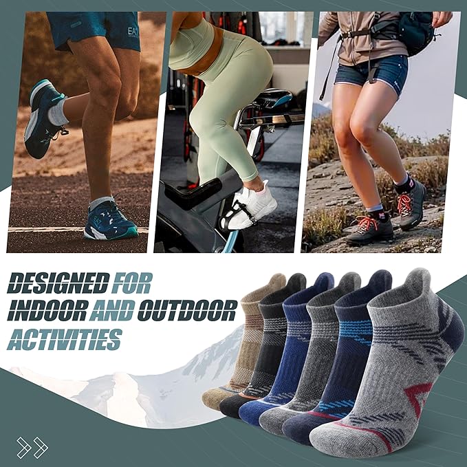 ANTSANG 6 Pairs Merino Wool Ankle Hiking Running Socks Compression Thick Cushion Breathable No Show Socks for Men Women