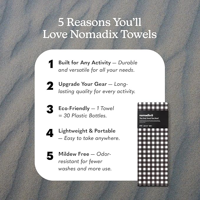 Nomadix Original Towel - Perfect for Beach, Pool, Travel, Camping, Yoga - Made with Recycled Materials - Super Absorbent - Sand Resistant - Gingham Black - 72.5x30
