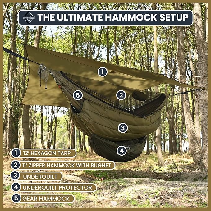 Onewind 12×10 ft Hexagon Hammock Rain Fly, Waterproof Lightweight and Durable Silnlyon Camping Hammock Tarp for Backpacking and Hiking, Complete Accessories, OD Green