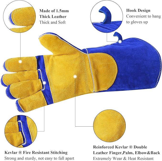 RAPICCA Welding Gloves Fire Heat Resistant: Blue 16IN 932℉ - Fireproof Leather For Stick Mig Flux-Core Welder Forge Blacksmith Fireplace Wood Stove Fire Pit Grill Oven Furnace Handling Dry Ice