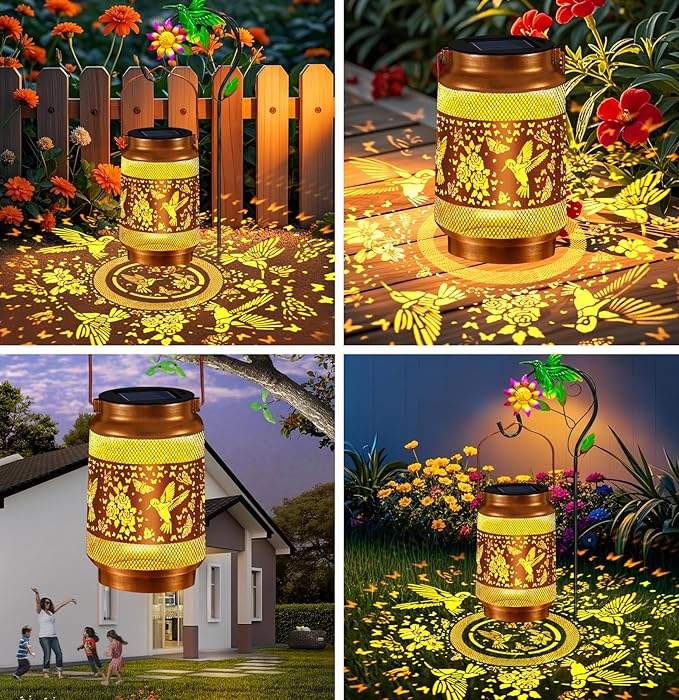 Hummingbird Solar Lanterns Outdoor Waterproof, Hanging Solar Lights Garden Lanterns with Shepherd Hook, Metal Garden Decor for Yard, Patio, Lawn, Landscape, Gifts for Women Mom Mothers Day