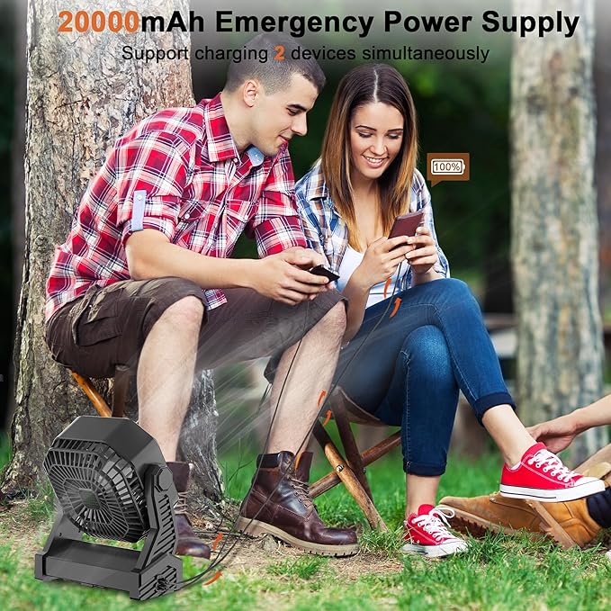 KITWLEMEN 20000mAh Battery Powered Camping Fan - 58H Max Cooling, Rechargeable Battery Operated Desk Fan with 4 Speeds, Bright Light & Hanging Hook, Portable for Tent Outdoor Hurricane Power Outage