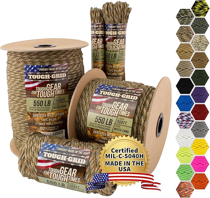 TOUGH-GRID 550 Paracord Rope Nylon Parachute Cord, Made in USA Survival Kit, Outdoor Adventures, Camping, Tactical Gear & Emergency Supplies, Military Type III Mil-Spec