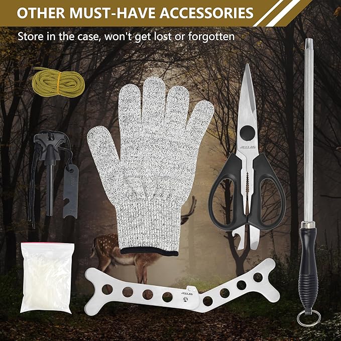 Jellas Professional 15-Piece Hunting & Outdoor Gear Set | Game Processing Kit with Field Dressing Tools, Bone Saw, Gut Hook, Fixed Blade, Boning, Skinning & Fillet Blades | Heavy-Duty Portable Case