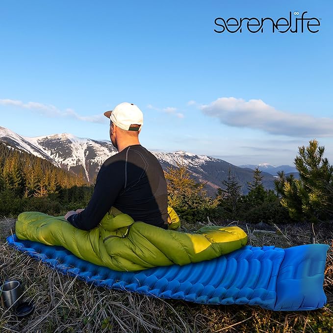 SereneLife Lightweight & Compact Camping Gear – Sleeping Pads & Bags with Built-in Pillows for Outdoor Comfort, Waterproof & Tear-Resistant Design, Perfect for Hiking, Backpacking, Couples & Solo Use