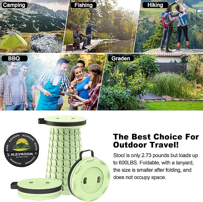 ALEVMOOM Upgraded Portable Collapsible Stool with Cushion, Telescoping Folding Stool for Adults, Lightweight Yet More Sturdy Capacity 600 lbs for Camping Fishing Hiking BBQ