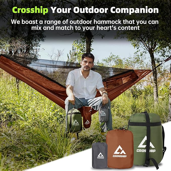 Camping Hammock with Mosquito Net, 2 Person Hammock Bug Net, Portable, Parachute Nylon for Outdoor, Camping, Hiking, Backpacking, Backyard, Beach, Travel (Hold Up to 500lbs) (Orange)