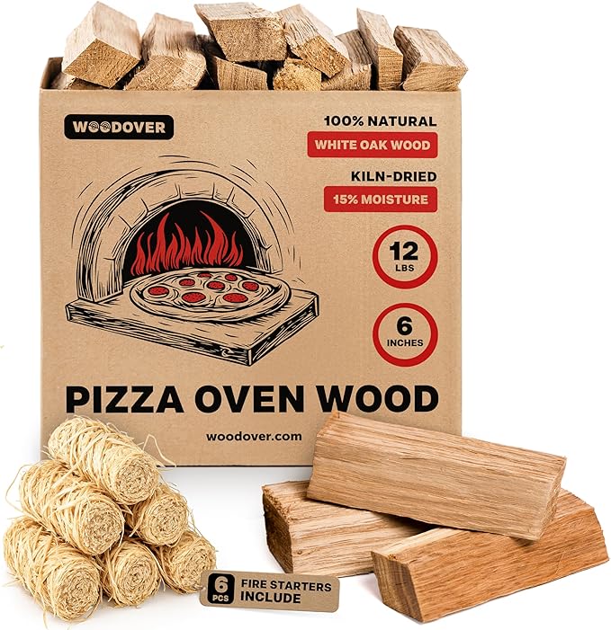 Pizza Oven Wood with Fire Starters, 12 lbs Kiln-Dried White Oak Logs (6 Inch) for Ooni, Solo Stove, Gozney – Low Smoke, Clean Split Firewood for Outdoor Cooking & Wood-Fired Pizza, Approx 800 cub.in.