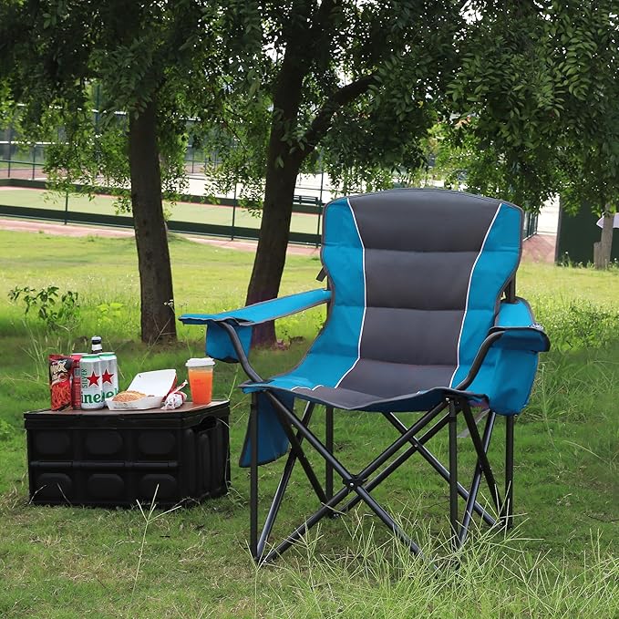 Colorsoul Oversized Folding Camping Chair, Outdoor Padded Camping Chair Support 300 LBS with Cup Holder and Cooler Bag, Portable Lawn Chair for Beach Picnic Sports, (Blue)