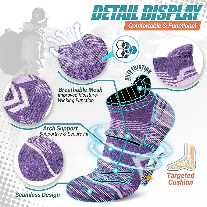 ANTSANG 6 Pairs Merino Wool Ankle Hiking Running Socks Compression Thick Cushion Breathable No Show Socks for Men Women