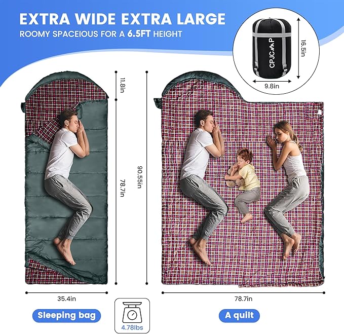 0 Degree Sleeping Bag for Cold Weather,100% Cotton Flannel XXL for Adults Big and Tall Cold Weather Winter Zero Degree Camping,Free Compression Sack