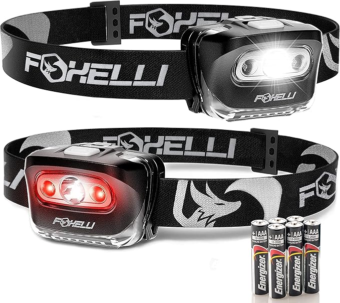 Foxelli LED Headlamp Flashlight for Adults & Kids, Running, Camping, Hiking Head Lamp with White & Red Light, Comfortable Headband, Lightweight & Waterproof, 3 AAA Batteries