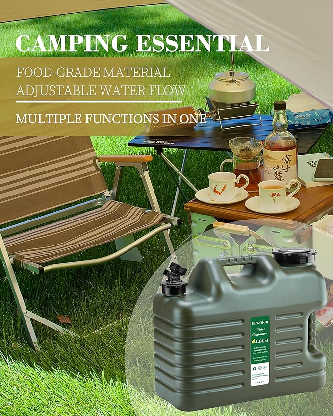 UPWOIGH 5 Gallon Water Jug, Thickened Water Storage Overlanding Gear Containers, Camping Essential Truly Leak-Proof Green Water Tank,BPA Free Portable Emergency Water Can for Outdoors Hiking RV