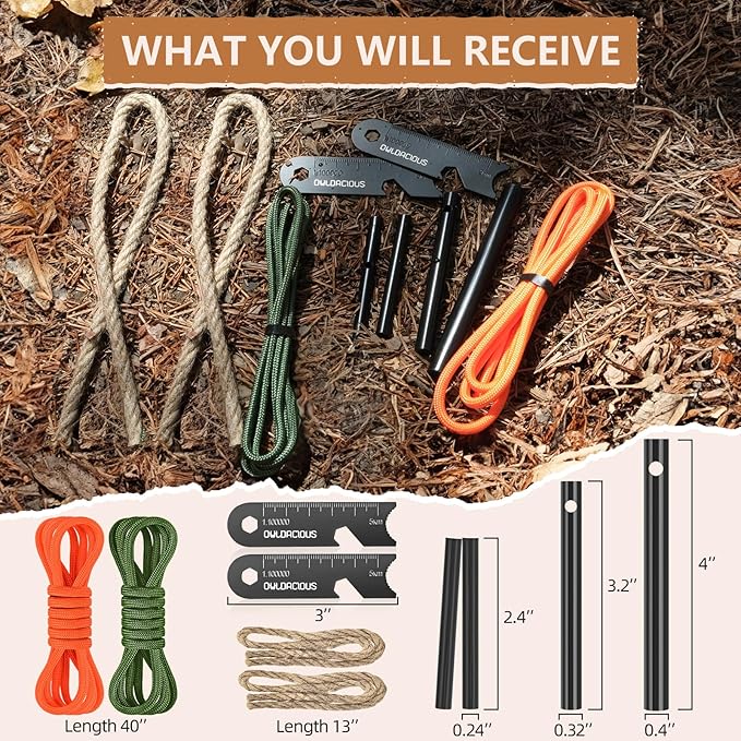 Fire Starter Survival Kit – 4 Ferro Rods (4", 3.2", 2×2.4"), 2 Strikers, 2 Tinder Wicks (13" Each), and 2 Paracords (40“ Each). Flint and Steel Emergency Tool.