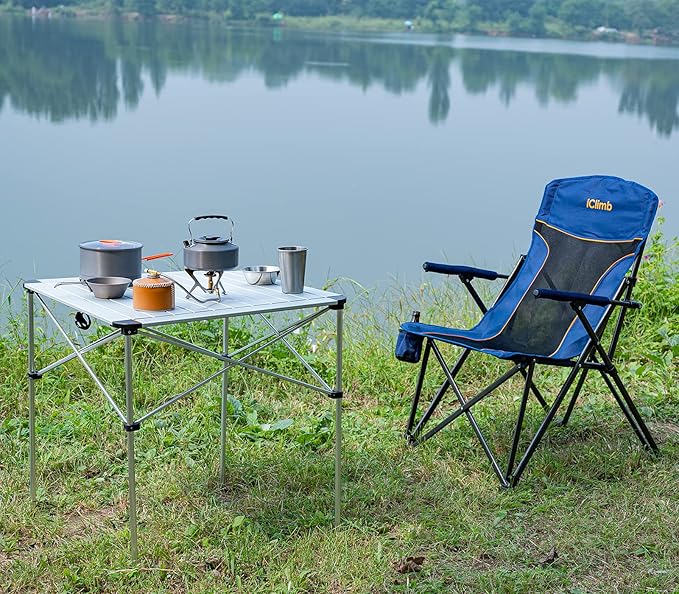 iClimb Lightweight Stable Alu. Folding Square Table Roll Up Top with Carry Bag for Camping Picnic Backyards BBQ Camp Kitchen (Nature, L)