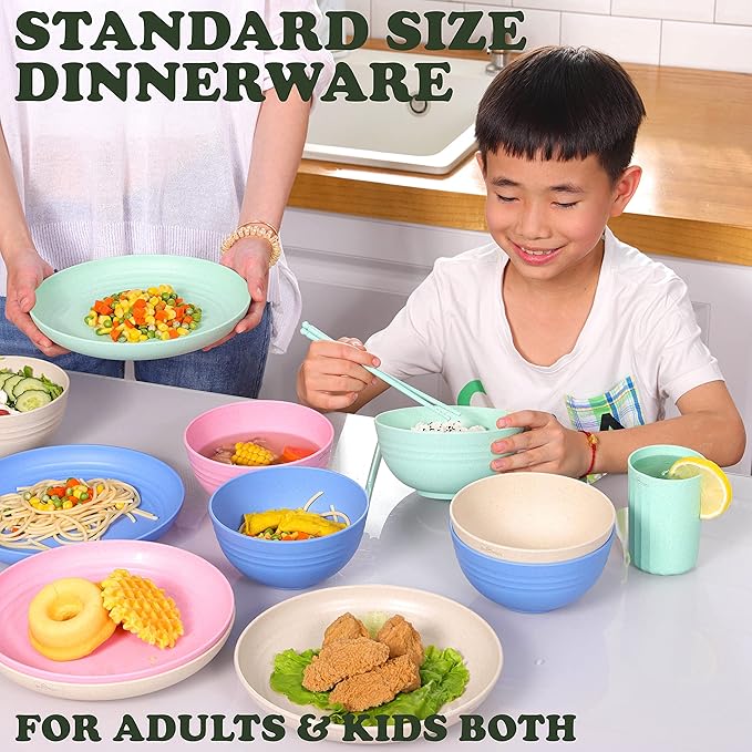 WheatStraw Dinnerware Sets for 4 - Alternate To Plastic Dishes - Dishwasher Safe Microwave Plates - Unbreakable Dinnerware Set - Wheat Straw Dishes - Lightweight Camping Plates & RV Dishes