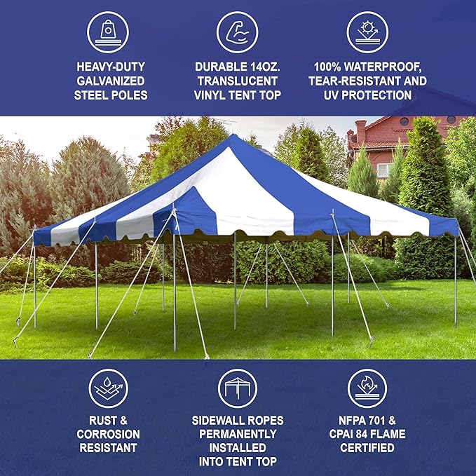 Party Tents Direct 20'x20' Weekender Standard Canopy Pole Tent - Easy Up Canopy Tent with 80 Person Capacity - Outdoor Canopies for Parties, Weddings, & Events (Blue/White Top)