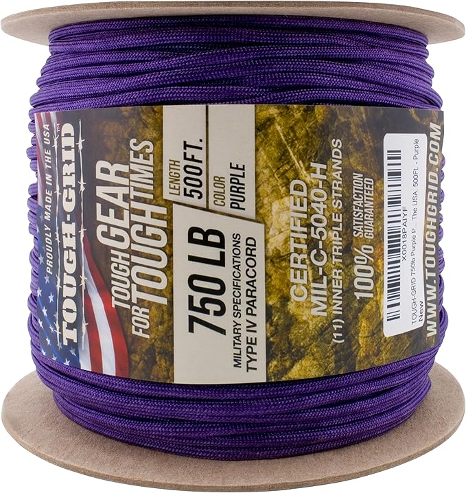 TOUGH-GRID Paracord Rope 750 lbs Nylon Parachute Cord, Made in USA Survival Kit, Outdoor Adventures, Camping, Tactical Gear & Emergency Supplies, Military Type IV Mil-Spec