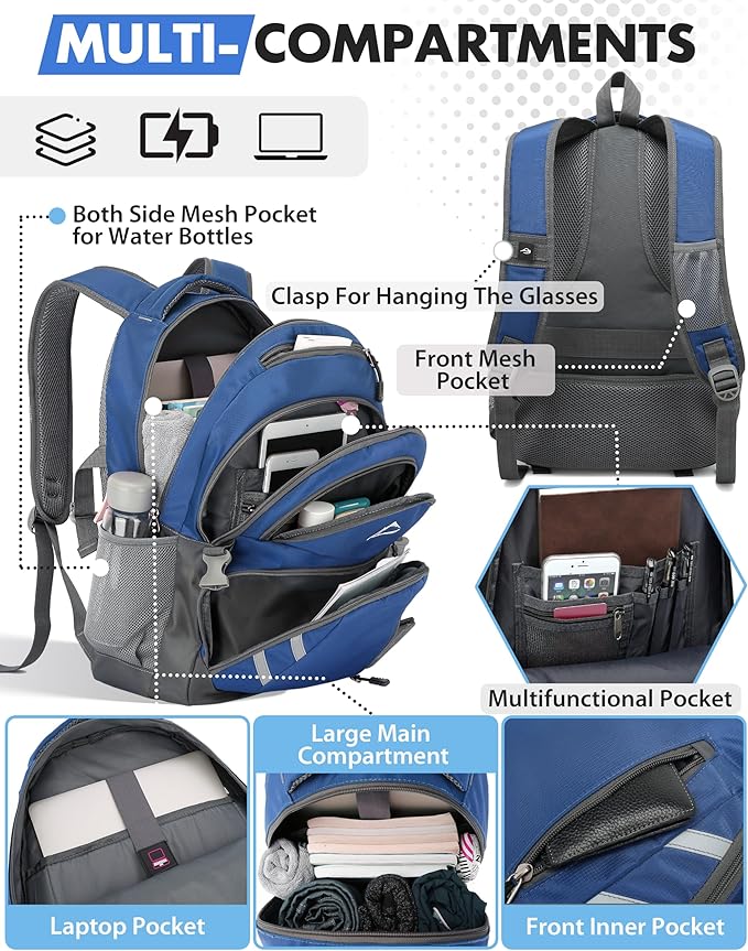 ProEtrade Backpack Bookbag for College Laptop Travel,Fit Laptop Up to 15.6 inch with USB Charging Port Multi Compartment Anti theft, Gift for Women Men (Blue)