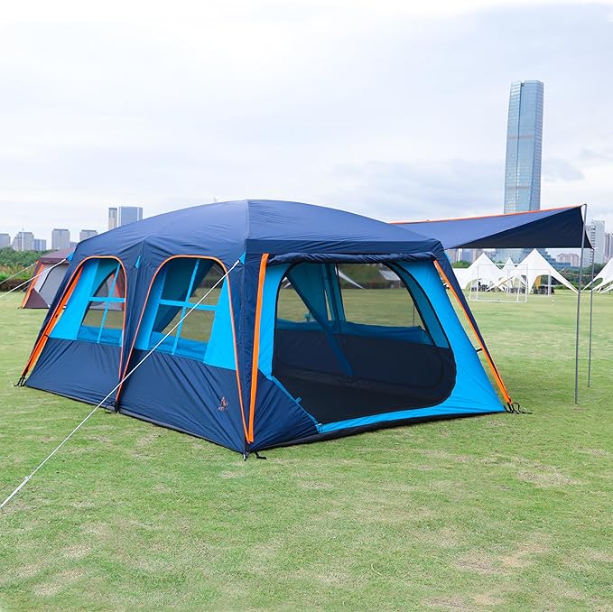 KTT Extra Large Tent 12 Person,Awning Family Cabin Tents,2 Rooms,3 Doors and 3 Windows with Mesh,Straight Wall,Waterproof,Double Layer,Big Tent for Outdoor,Picnic,Camping,Family Gathering