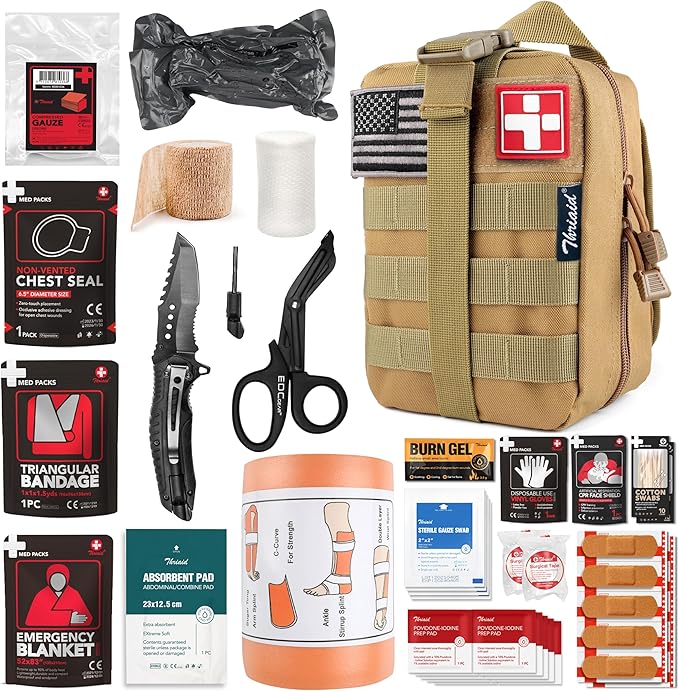 Survival First Aid Kit with Israeli Bandage, Splint, Chest Seal, Tactical Military Combat Molle IFAK for Wound Care, Bleeding Control, Trauma Hemorrhage and More