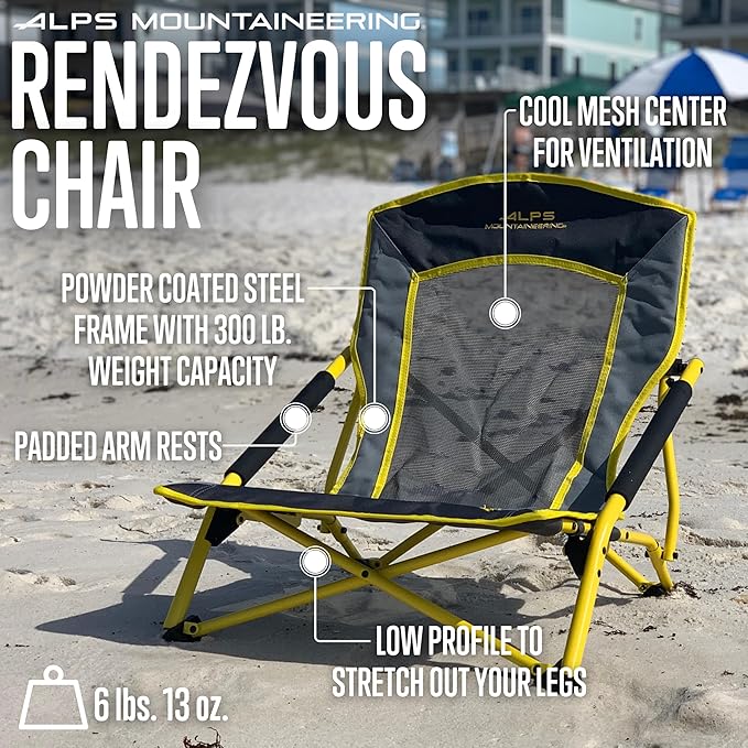 ALPS Mountaineering Rendezvous Low Camping Chairs for Adults with Arms, Cool Mesh Center, Powder Coated Steel Frame, Compact Folding Design and Carry Bag