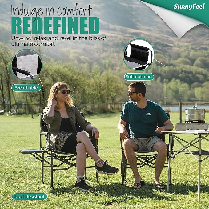 SUNNYFEEL Oversized Camping Directors Chair 500 LBS Heavy Duty, Portable Folding Chair with Side Table, Pocket for Beach, Fishing,Trip,Picnic,Lawn,Concert Outdoor Foldable Camp Chairs